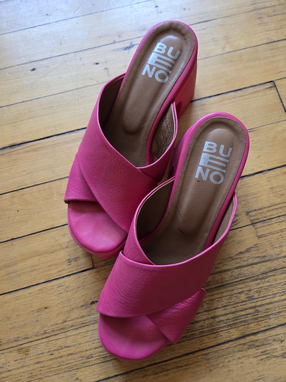 Bueno Hot Pink Leather Crisscross Slide On Sandals